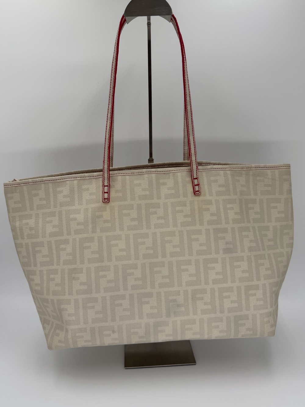 Fendi Zucca Monogram Tote with Red Trimmed Straps and Zip Top